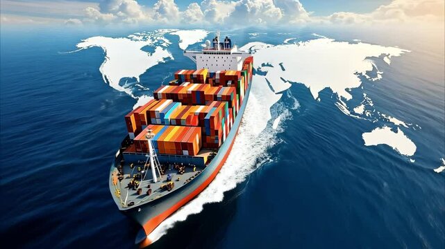 Aerial top view of cargo maritime ship with contrail in the ocean ship carrying container and running for export concept technology freight shipping, logistics, container ship, communication concept
