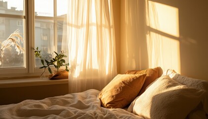 Sunlit Bedroom Interior with Sheer Curtains and Beige Bedding