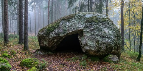A large boulder with a hollowed-out section forming a natural shelter