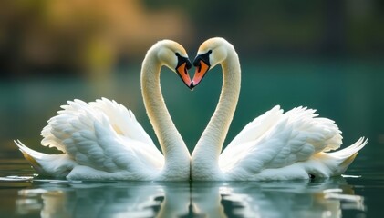 Obraz premium Two graceful swans, intertwined necks, soft bokeh background, animal, dance