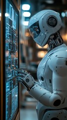 Fototapeta premium Robotic and human collaboration in a sleek, futuristic workspace filled with innovation and tech