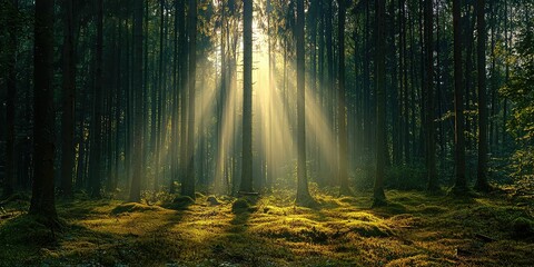 Obraz premium A magical forest moment where sunbeams create a celestial display of light and shadow