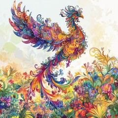 Obraz premium A colorful patterned bird rises above a floral painted landscape