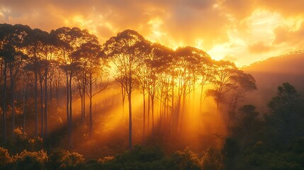 Naklejka premium Sunrise Trees Foggy Nature Scene high resolution hd background