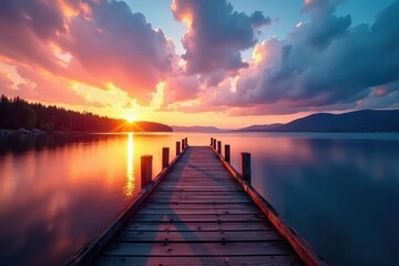 Fototapeta premium Rustic wooden pier extends over calm sunset lake, photography, orange