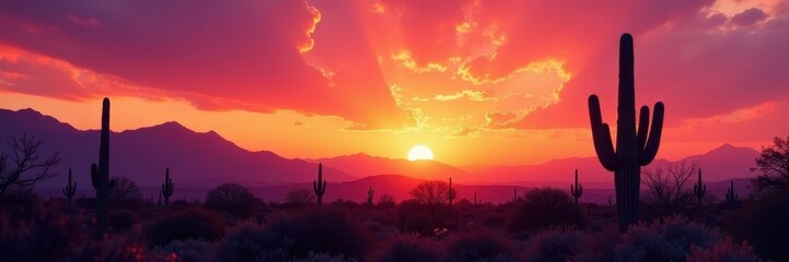 Fototapeta premium Majestic saguaro silhouettes against vibrant sunset sky, background, horizon
