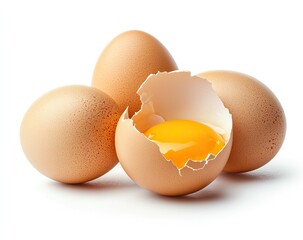 Eggs Isolated on White Background with Broken Egg Shell and Yolk, Close-up View, Raw Chicken Eggs for Cooking