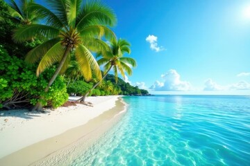 Palm-fringed shore, crystal clear water, sun-drenched paradise , vacation, beach, ocean