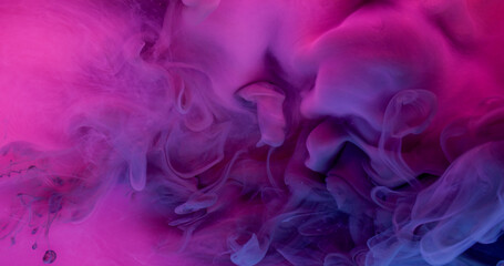 Fototapeta premium Vapor mix. Paint cloud. Color stream neon spray in water texture background. Violet purple pink fluorescent dye spill on blur liquid chemical reaction.
