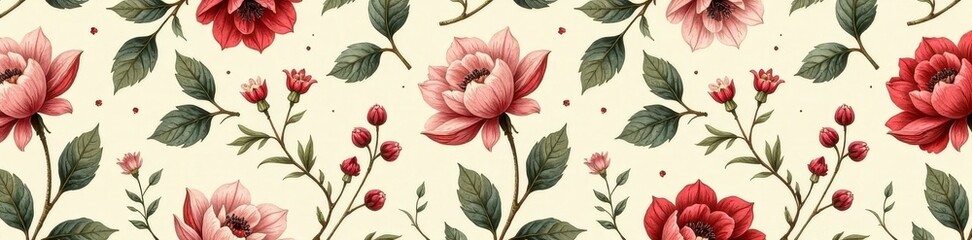 Fototapeta premium Muted vintage floral botanical seamless pattern background, blossom, flowers, soft