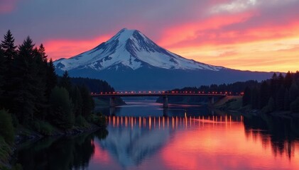 Obraz premium Mt Hood's majestic peak at sunset, Hood River Bridge spanning the Columbia , blue, daylight, panorama