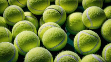 A photo of countless tennis balls piled up. The fluff and soft texture are emphasized. Generative AI.