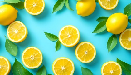 Fresh lemon slices arranged on a vibrant blue background, creating a cheerful summer pattern