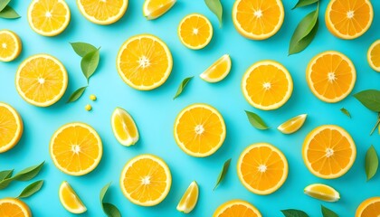 Fresh orange segments and green foliage arranged on a lively blue backdrop, reminiscent of a summer motif