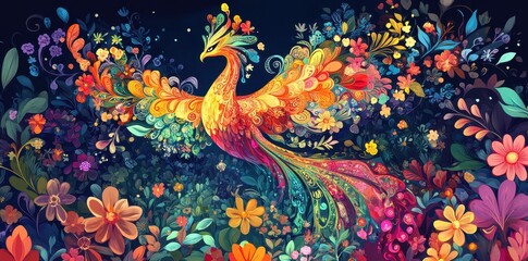 Obraz premium A colorful mythical bird blossoming amid beautiful flowers in a garden