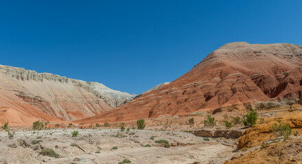 Picturesque clay mountains under dramatic skies in Altyn Emel National Park in southeastern Kazakhstan