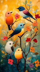 Colorful Birds Perching on Floral Branches in Vibrant Artwork