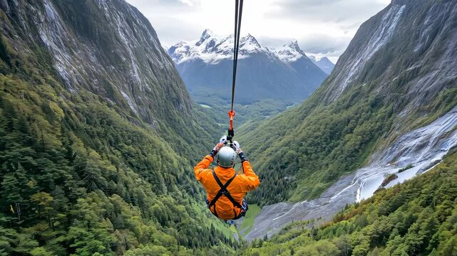 Man in Orange Jacket Ziplining Through New Zealand Mountains