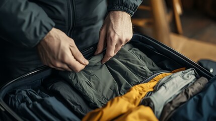 Fototapeta premium Hands rolling clothes for compact packing in a suitcase