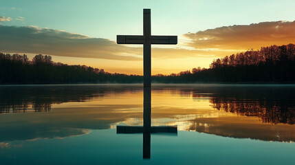 Cross reflected in calm water at sunset