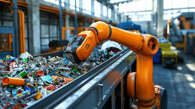 Orange Robotic Arm Sorting Recyclables in a Factory
