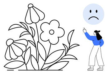 Woman examining sadness icon while standing next to outlined blooming flowers. Ideal for emotions, mindfulness, mental health, self-reflection, feedback, personal growth, environmental awareness