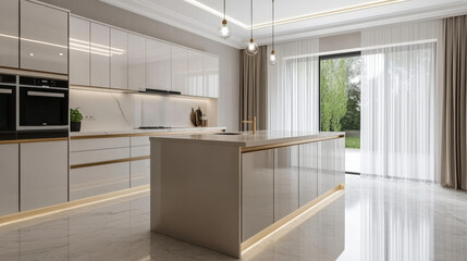 modern beige and white neoclassical kitchen featuring sleek cabinetry, island, and large windows allowing natural light. elegant design creates warm and inviting atmosphere