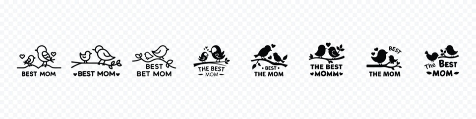 Mother Bird Feeding Baby Bird with "Best MOM" Icon – Love and Nurturing Symbol, Mother Bird Feeding Baby Bird on Branch with Best MOM Text Icon © marufpro555777