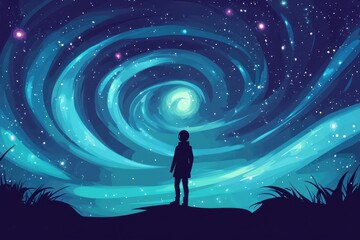 Obraz premium Silhouette person standing looking at the swirling celestial cosmos above