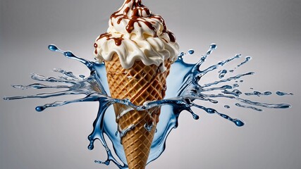 A long, elegant drip with creamy swirls extends around the soft ice cream cone. Generative AI.