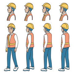 Construction worker, builder in helmet, vest, uniform vector illustration. Character constructor for animation. Front, side, and back view set. Body parts, postures, poses collection