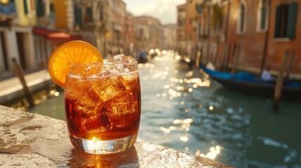 A refreshing cocktail with an ice cube and orange slice garnish. World Cocktail Day