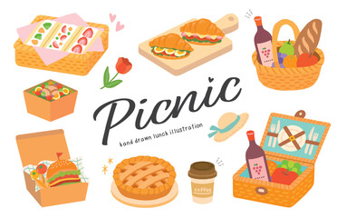 ピクニックのお弁当や食べ物の手書きイラスト