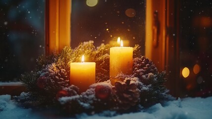 Christmas wreath with candles glowing in a snowy window frame, creating a festive ambiance