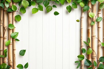 Green Leaves and Bamboo Frame on White Wooden Background