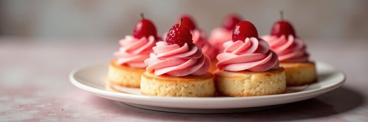 Round rosy pyramid cakes on a plate, delicious dessert , afternoon tea, pink, layers