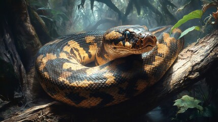 Large python resting on a branch in the jungle