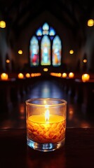 Devotional candles glowing in a dark church, with stained glass windows in the background