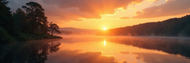 Serene golden hour, still lake reflecting sunset hues, serenity, water