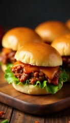 Several barbecue pulled pork slider sandwiches arranged on a wooden platter , pulled pork sandwich, meal, sauce