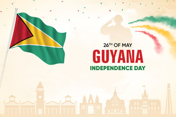 Guyana Flag Waving On Skyline Background. Independence Day Concept Design Vector Illustration.