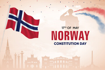 Norway Flag Waving On Skyline Background. Constitution Day Concept Design Vector Illustration.