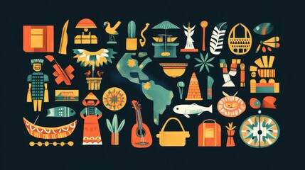 Obraz premium A Collection of Illustrated Cultural Items and Symbols