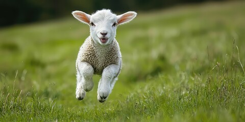 Obraz premium Adorable baby lamb hopping around in a grassy field