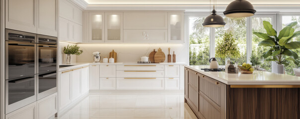 Fototapeta premium modern neoclassical kitchen featuring beige and white cabinetry, sleek appliances, and spacious layout. Natural light floods room, enhancing elegant design and inviting atmosphere