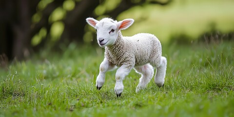 Obraz premium Adorable baby lamb hopping around in a grassy field