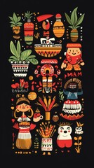 A vibrant stylized depiction of folk art and cultural symbols