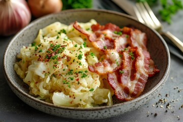 Fried bacon with cabbage and spices creating a tasty meal