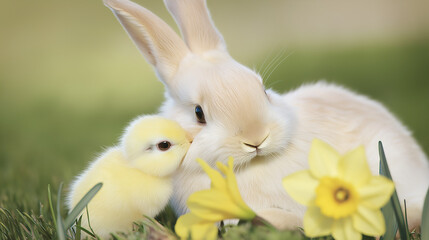White rabbit and yellow chick resting in a spring garden