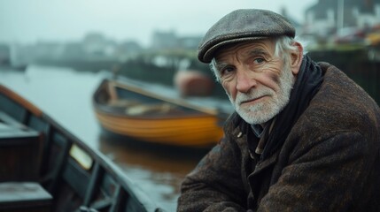 Obraz premium Elderly fisherman wearing flat cap sitting near boats in harbor